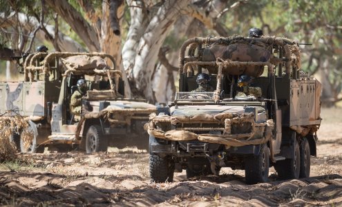 Australian Army soldiers from the Regional Force Surveillance Unit utilise G Wagon Surveillance & Reconnaissance vehicles during a training activity in Alice Springs, on Friday 31st March 2017.