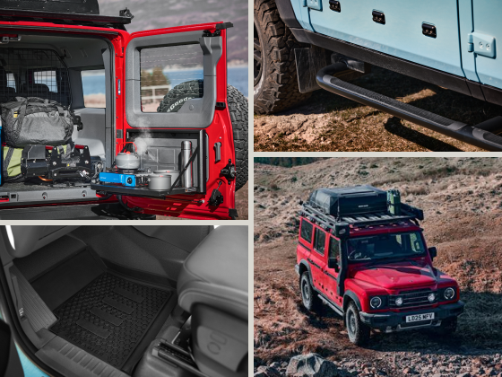 Four Grenadier vehicles parked in a row, each showcasing a different available color